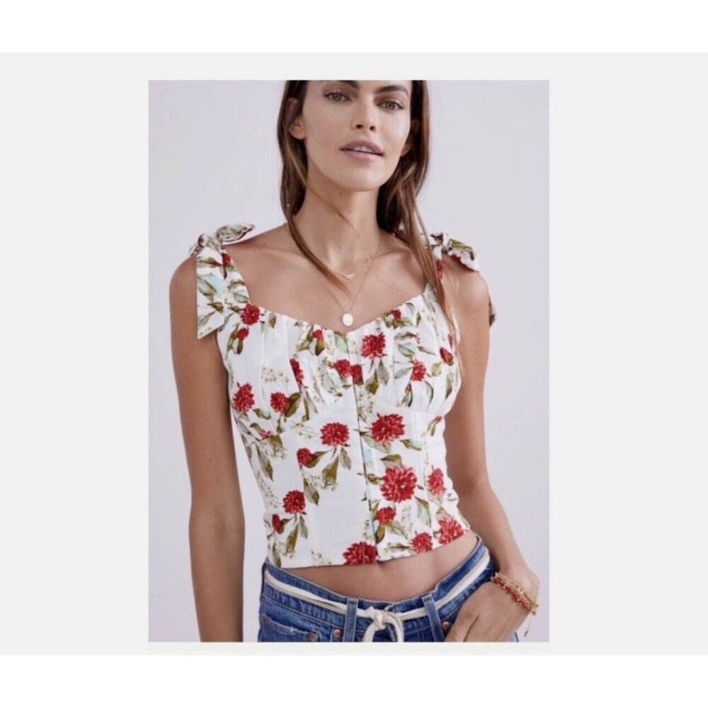 ANTHROPOLOGIE Eri & Ali Floral Top Tie Sleeves & Hook Front Closures - SIZE M -